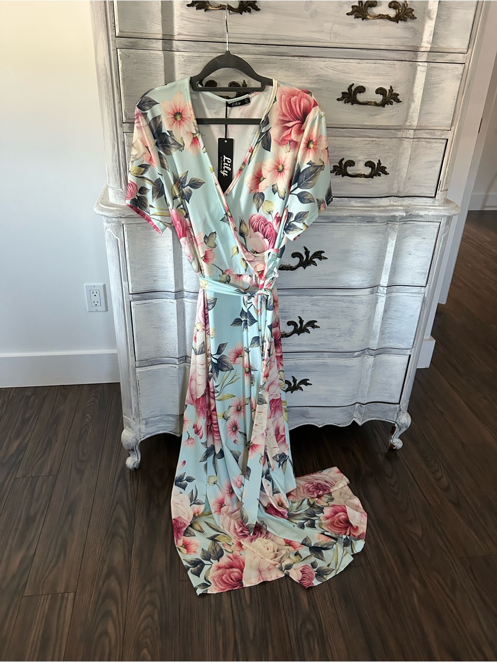 Floral faux Wrap Maxi Dress in Light Blue and Pink